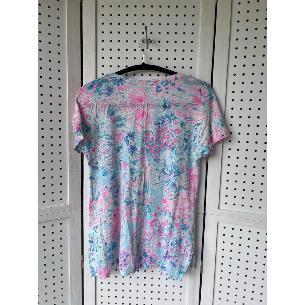 Lilly Pulitzer Womens Sm Short SLV Colorful Scoop Neck 100% Linen Tee Shirt - Picture 8 of 8